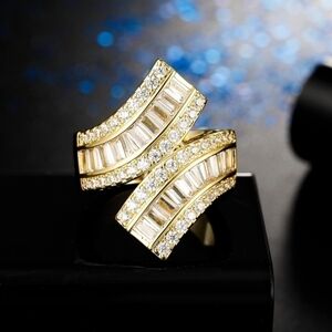 Double Band Baguette Cut Diamonds Gold Ring Stacked Curved Statement